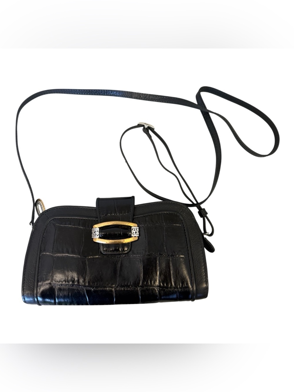 Black Croc-Embossed Leather Crossbody Bag with Gold Accent
